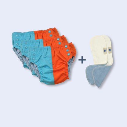 Gogo Shorties Everyday Set - 3 x Merino-blend Toilet Training Pants - Size Medium and 2 x Booster Pad Inserts.